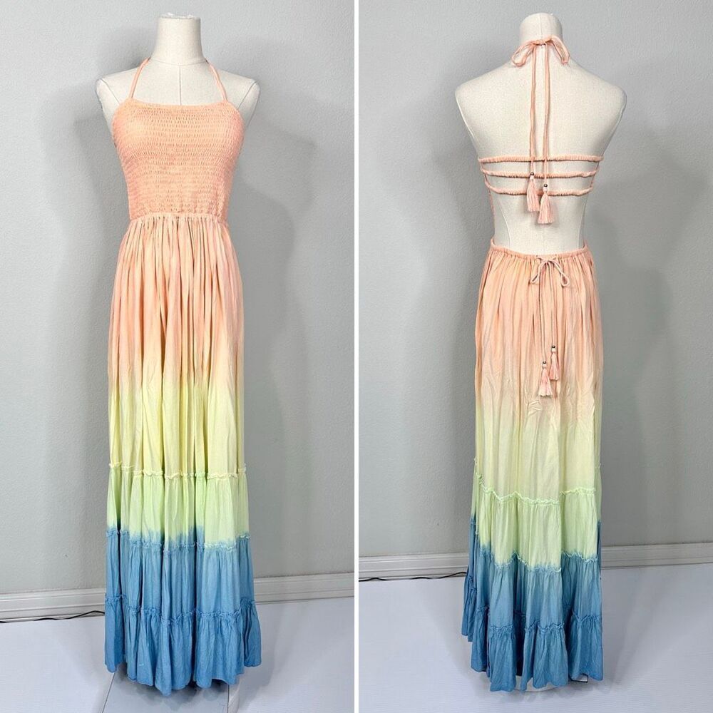 Tiare Hawaii Naia Maxi Dress S/M Peach Yellow Blue Ombre Smocked Boho Beachy - Picture 4 of 13